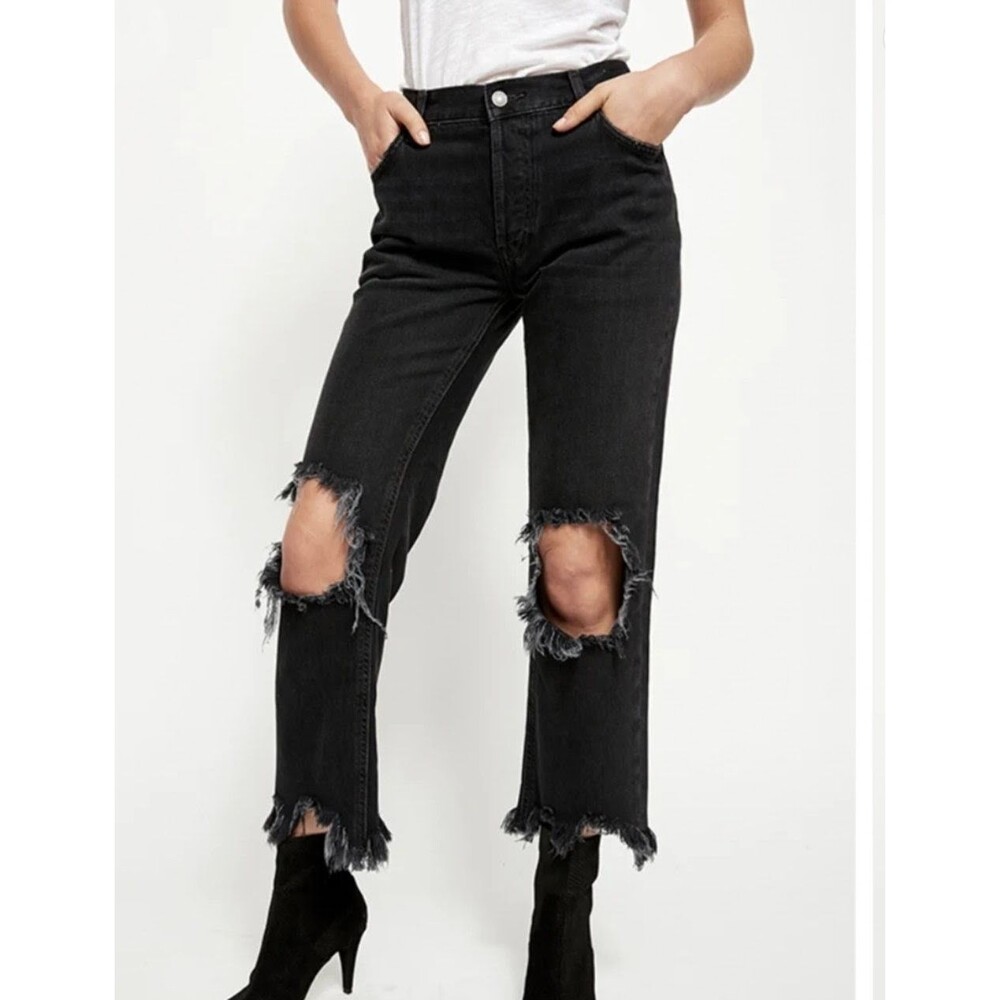 We The Free Jeans Size 29 Maggie Button Fly Straight Leg Black Distressed Ripped
